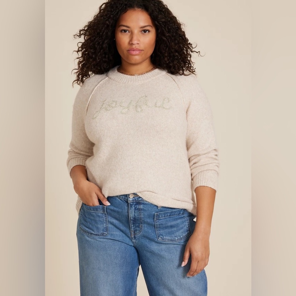 Maurices beige crew neck sweater features "Joyful" embroidered size XL